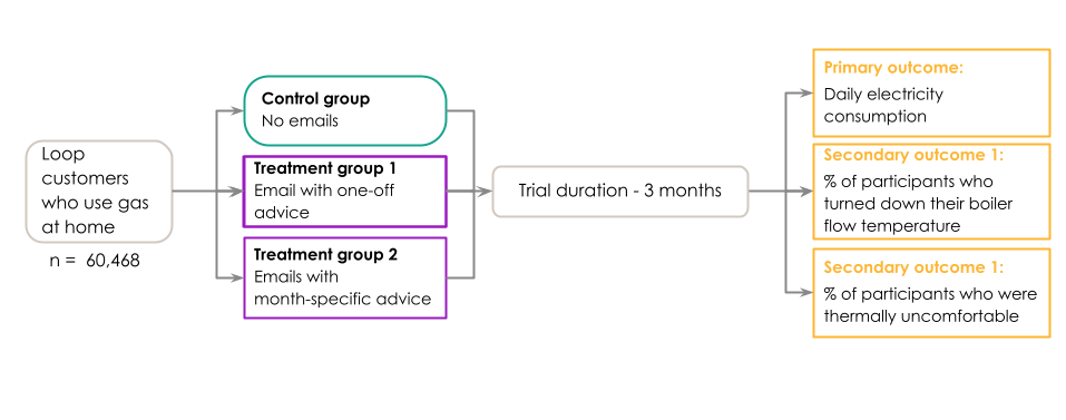 Flow diagram illustrating a study design with Loop customers split into control, one-off email, and month-specific email groups, showing trial duration and primary/secondary outcomes.