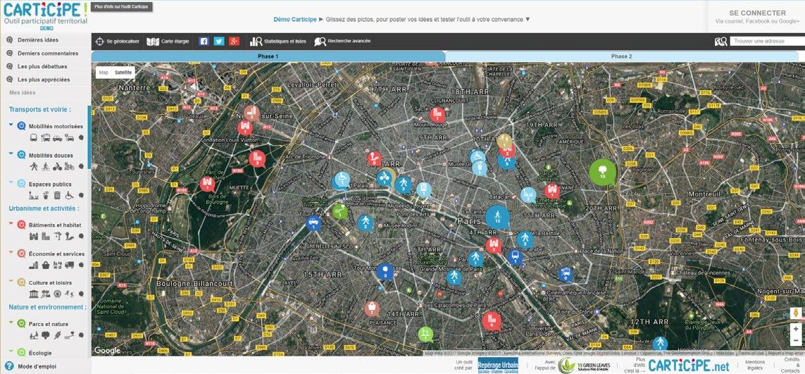 Screenshot of a web application showing an interactive map of Paris with various colored icons and pins indicating points of interest for different categories like transport and urban activities.