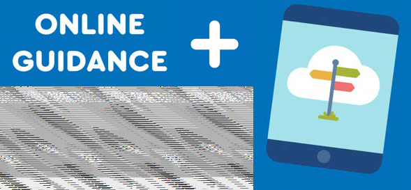 Graphic with "ONLINE GUIDANCE" text, a plus sign, and a smartphone icon displaying a cloud with directional signposts.