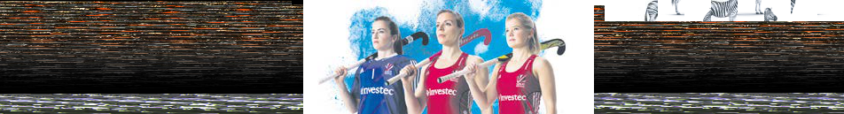Three female field hockey players with sticks, wearing jerseys with "Investec" logos, against a blue and pink splash background.