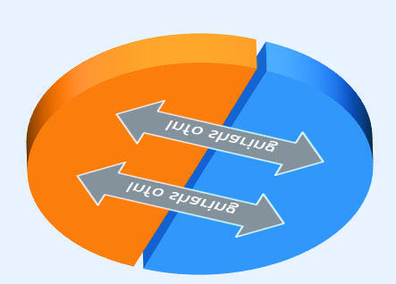 A 3D pie chart split into two segments (orange and blue), with two arrows pointing horizontally between them, labeled "into spring", and segments labeled "INDIVIDUALS" and "ORGANISATIONS".