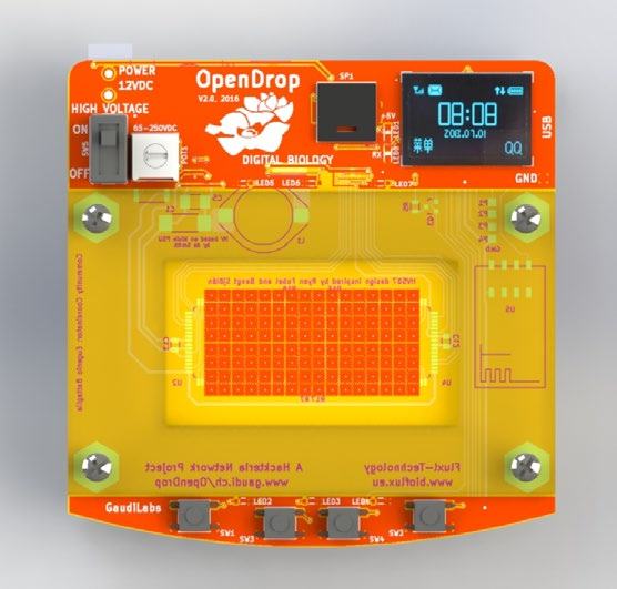 Close-up of an OpenDrop v2.0 electronic circuit board for "DIGITAL BIOLOGY", showing components, switches, a display screen, and a central grid pattern.