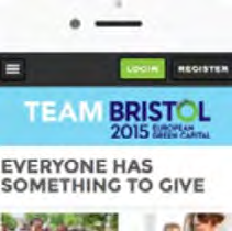 Screenshot of a mobile app interface showing a banner for "Team Bristol 2015 European Green Capital" and the text "Everyone Has Something To Give."