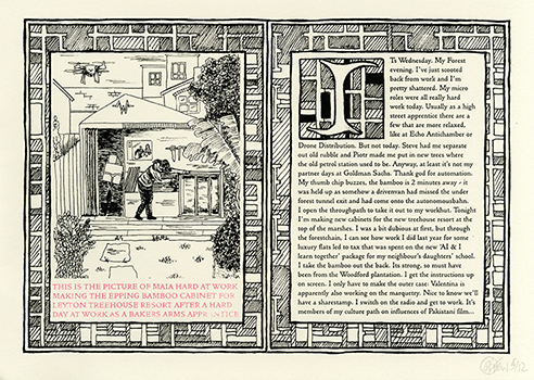 Illustration of Maia working on a bamboo cabinet outside a house, with a caption describing her activity.