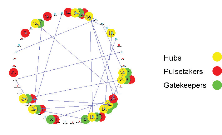 Circular network diagram with a legend classifying nodes as Hubs (yellow), Pulsetakers (red), and Gatekeepers (green), showing connections.
