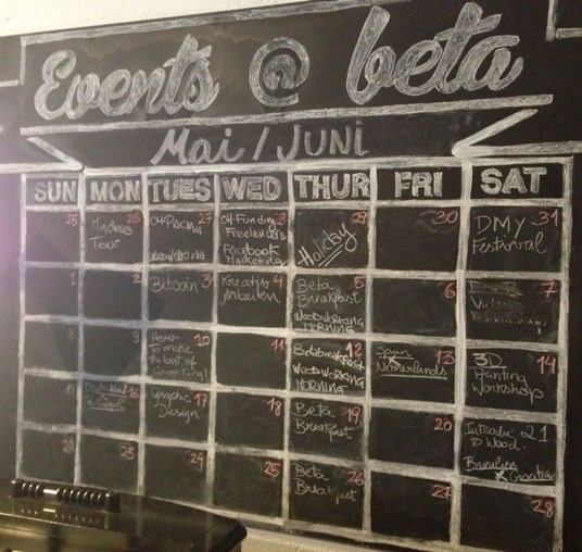 Chalkboard calendar showing 'Events @ beta' for May/June with various activities listed on specific dates.