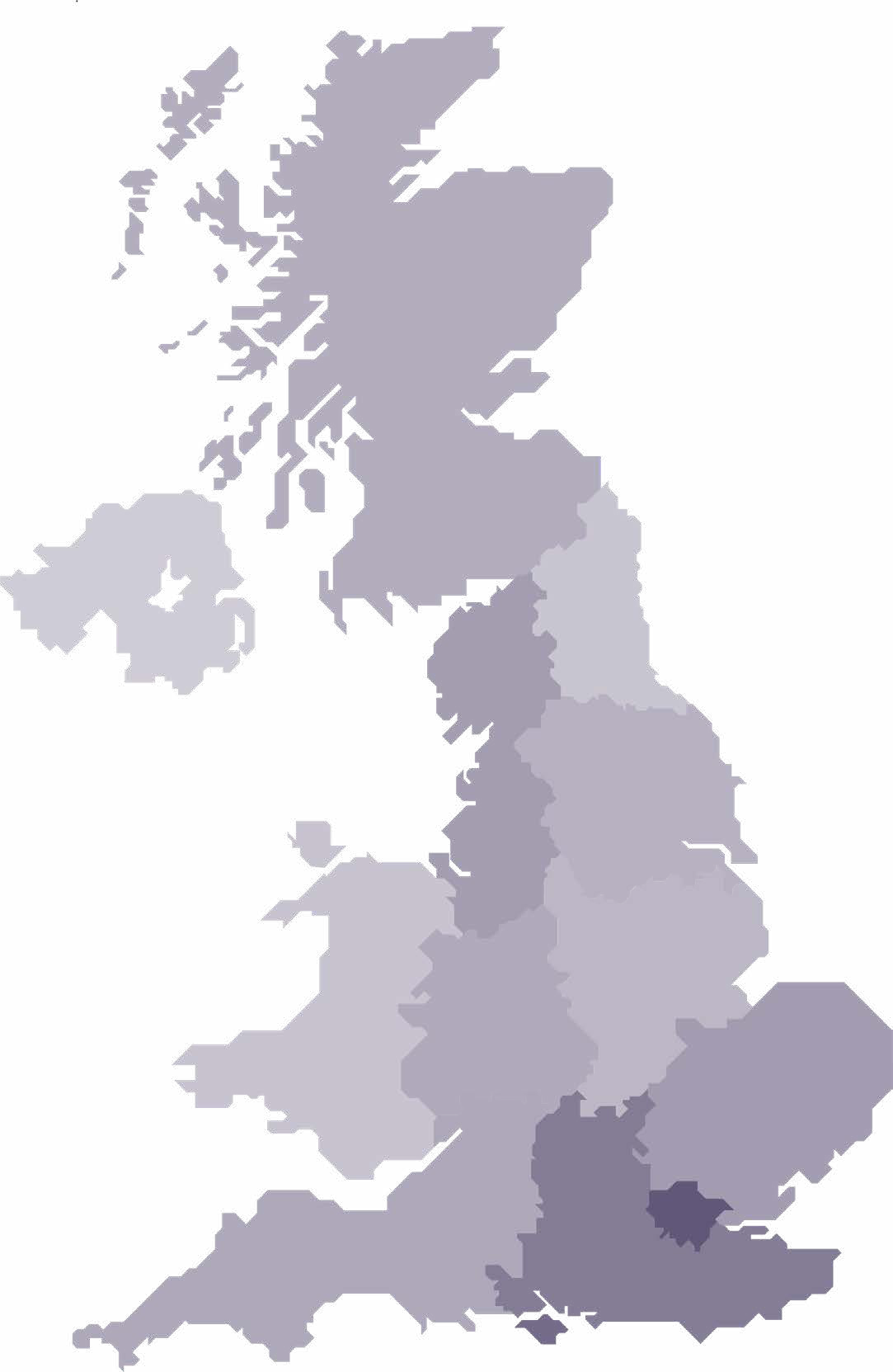 Map of the United Kingdom divided into regions with varying shades, likely representing regional data.
