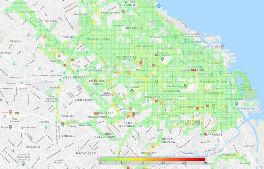 Heat map of Buenos Aires showing data distribution across neighborhoods with a green-to-red scale indicating intensity