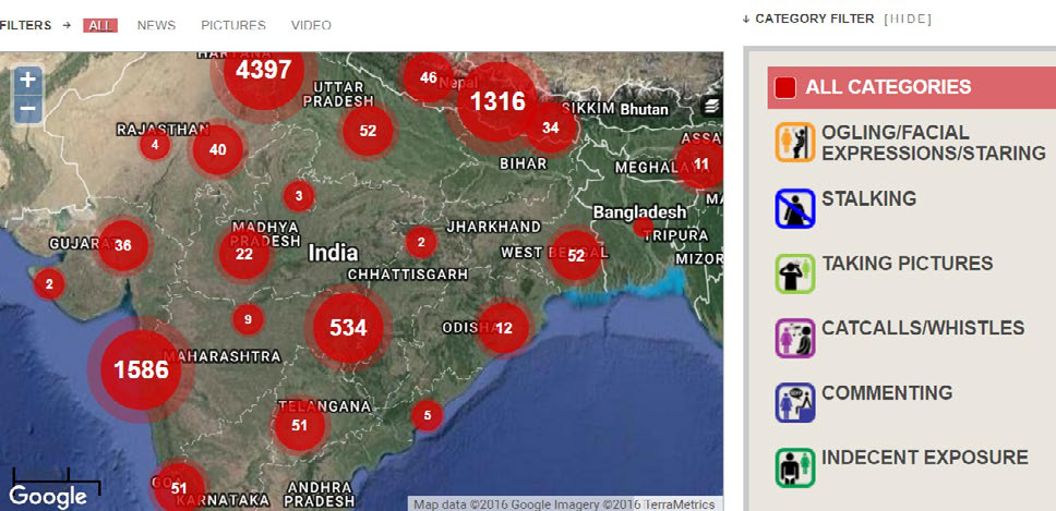Map of India showing reported incidents categorized by type, with locations marked by numbered red circles.