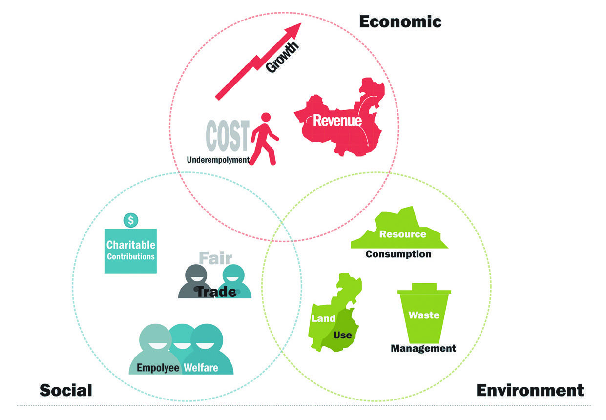 Venn diagram illustrating Economic, Social, and Environmental factors with related concepts like growth, cost, revenue, fair trade, and resource consumption.