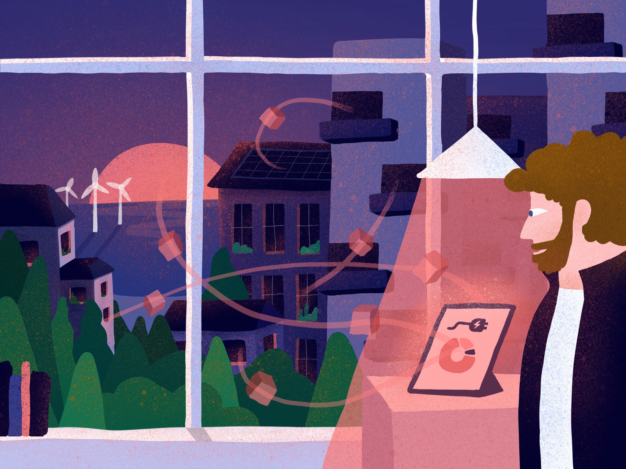 Man looking out a window at a sustainable city with wind turbines and solar panels, while a tablet displays a pie chart of energy data.