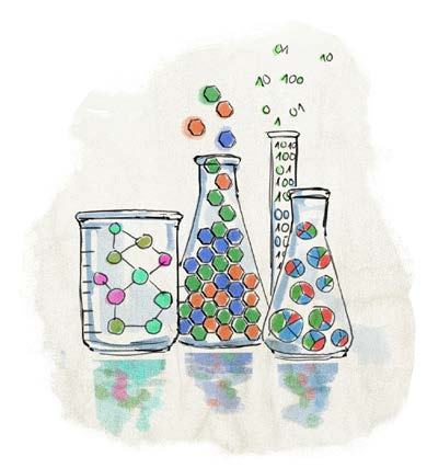 Illustration of lab equipment showing molecules, colored hexagons, pie chart segments, and numbers, representing scientific data and analysis.