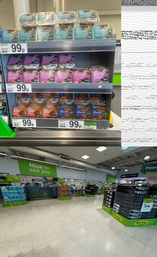 Two images: top shows supermarket shelves with nut and fruit snack selections; bottom shows a wider supermarket aisle view with a "Nice to see you" sign.