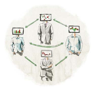 Illustration of four people with monitor heads displaying charts and molecular structures, connected by arrows, depicting information exchange.