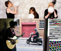 A collage of images featuring three women blowing white balloons, a person playing guitar on a street, and a section of a digitally corrupted image with static and colorful pixel blocks.