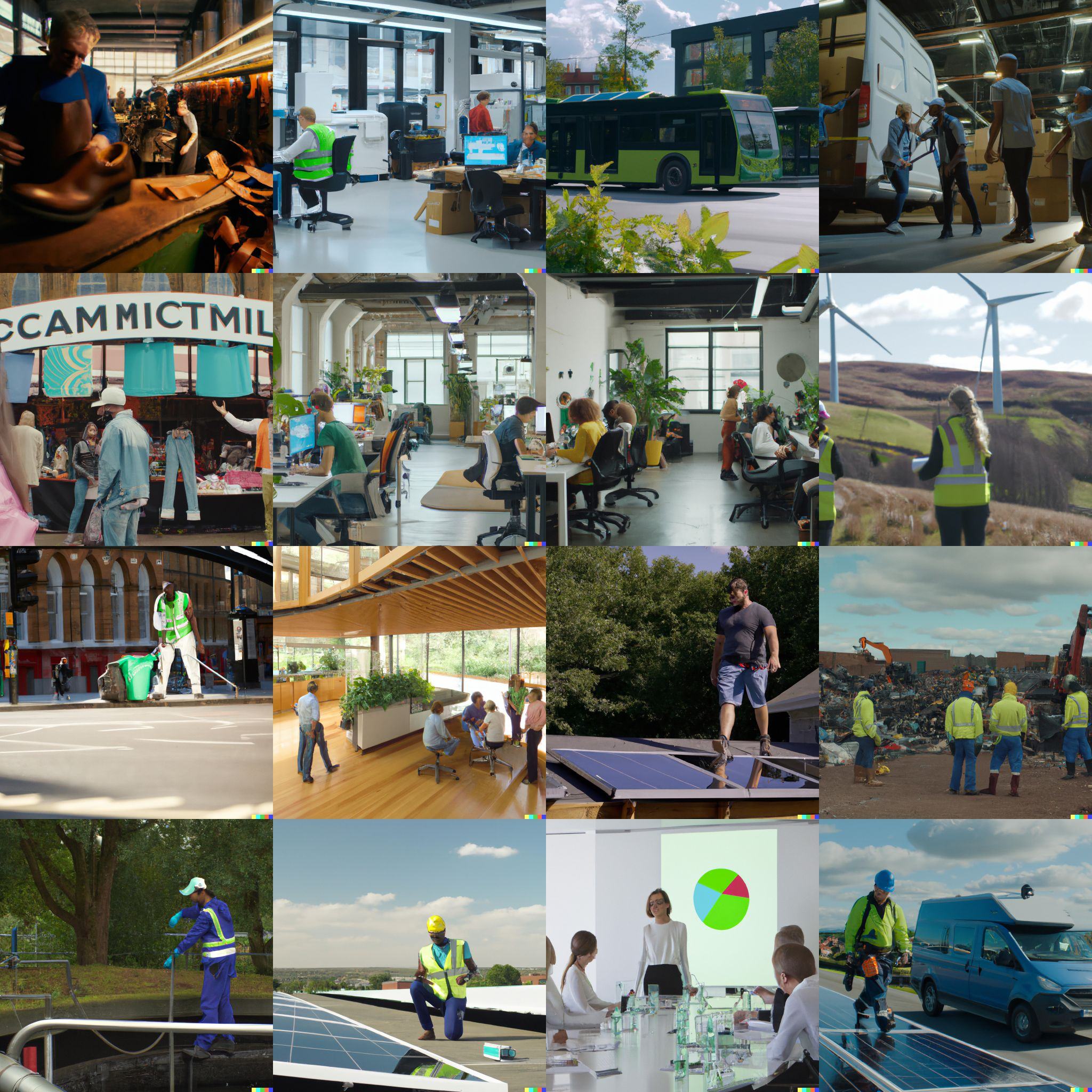 Collage of 15 images depicting diverse scenes including manufacturing, offices, public transport, outdoor work, wind turbines, solar panels, and waste management.