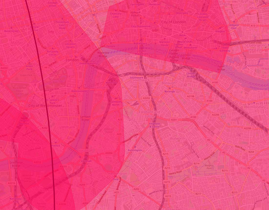 Map of London with pink overlays highlighting restricted airspace areas, including the London CTR Control Zone, Hyde Park (R157), and the City of London (R158), indicating areas of limited drone operation.
