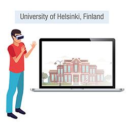 Illustration of a person in VR headset next to a laptop showing the University of Helsinki building.