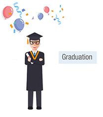 Illustration of a graduate in cap and gown with a diploma, signifying graduation.