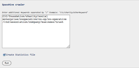Screenshot of the Spacehive crawler interface showing a keywords filter input field.
