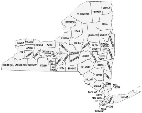 Map of New York State displaying all counties with their respective names.