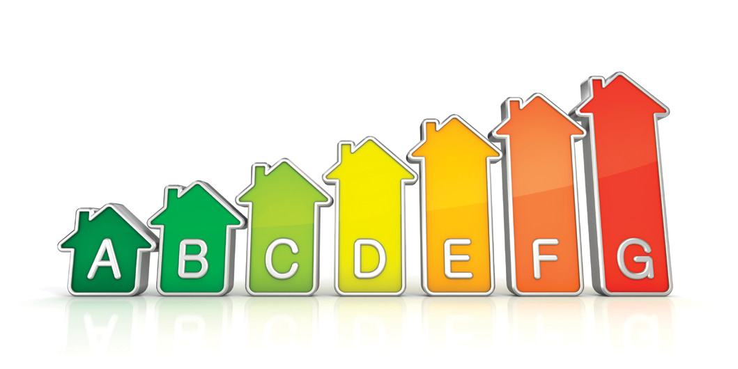 Infographic showing increasing energy consumption from A (most efficient, green) to G (least efficient, red) using house-shaped bars.