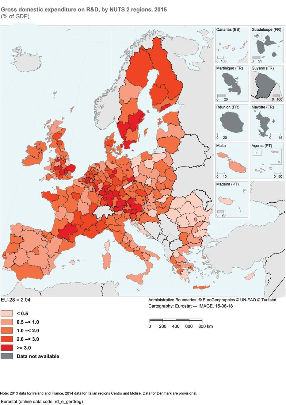 Choropleth map illustrating gross domestic expenditure on R&D as a percentage of GDP across NUTS 2 regions of Europe in 2015, with a color legend indicating value ranges.