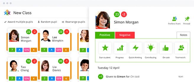 Screenshot of a classroom management app showing student profiles, points, and performance badges for a student named Simon Morgan. ClassCharts screenshot.
