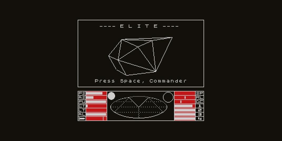 Screenshot of the classic video game "Elite" user interface, displaying a wireframe spaceship model and player statistics.