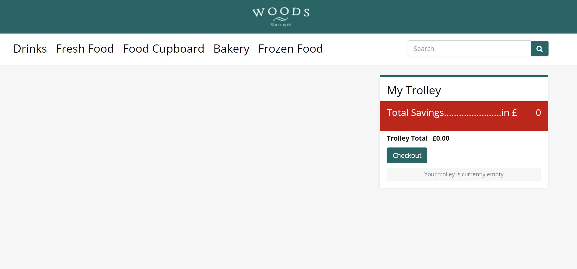 Screenshot of a grocery website homepage with navigation, search bar, and an empty shopping trolley.