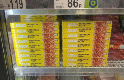 Refrigerated supermarket shelf fully stocked with multiple boxes of ASDA Pepperoni Pizza.