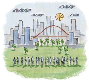 Illustration of a city with a crowd, trees, DNA strands, a pie chart sun, and a red curve, symbolizing complex urban and social dynamics.