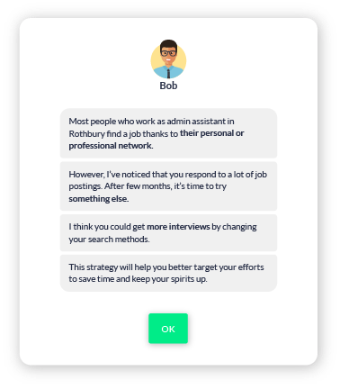 Screenshot of a chat interface with 'Bob' providing four pieces of advice regarding job search strategies.