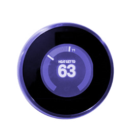Smart thermostat displaying a current temperature of 71 and a set temperature of 63.