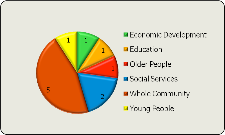 Pie chart showing the distribution of 12 units across Economic Development (1), Education (1), Older People (1), Social Services (2), Whole Community (5), and Young People (2).