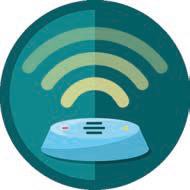 Icon of a wireless device emitting Wi-Fi signals, representing connectivity or the Internet of Things.