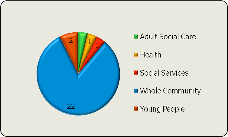Pie chart showing the distribution of 27 units across Adult Social Care (2), Health (1), Social Services (1), Whole Community (22), and Young People (1).
