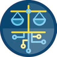 Icon combining scales of justice with circuit board elements, symbolizing legal tech or AI ethics.