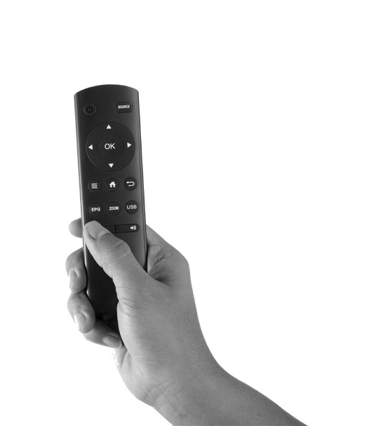 Hand holding a black remote control with various buttons including OK, Source, EPG, Zoom, and USB.