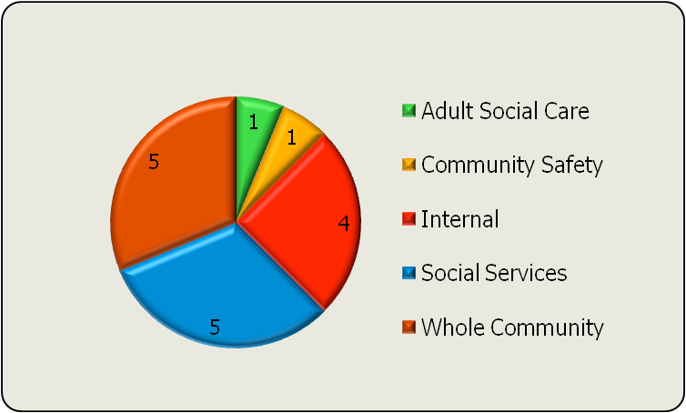 Pie chart showing the distribution of 16 units across Adult Social Care (1), Community Safety (1), Internal (4), Social Services (5), and Whole Community (5).