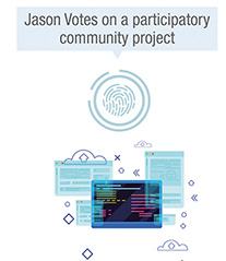 Diagram showing a fingerprint for authentication, with "Jason Votes on a participatory community project" in a speech bubble, alongside abstract tech elements.