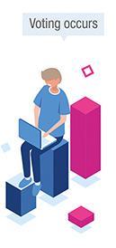 Illustration of a person using a laptop on blue blocks, surrounded by geometric shapes, with a speech bubble indicating "Voting occurs".