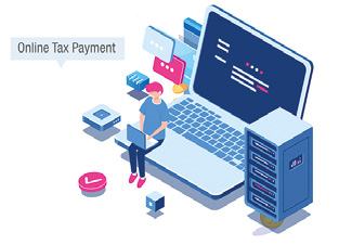 Illustration of online tax payment, showing a person using a laptop next to a server rack, with chat bubbles and a checkmark.