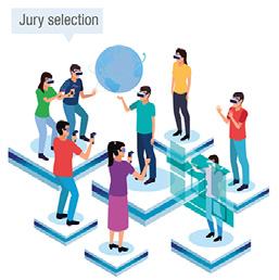 Illustration of "Jury selection" in a virtual environment, with people wearing VR headsets interacting with a virtual globe and holographic elements.
