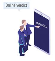 Illustration of "Online verdict", showing two men in suits, one pointing to a large smartphone screen displaying "Defaulters".