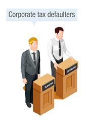 Illustration of "Corporate tax defaulters" showing two men in suits behind podiums labeled "PLAINTIFF" and "DEFENDANT".