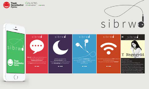 Infographic for the "sibrw" app, showing a smartphone and five cards with icons and text explaining app features like quiet mode and Wi-Fi performance.