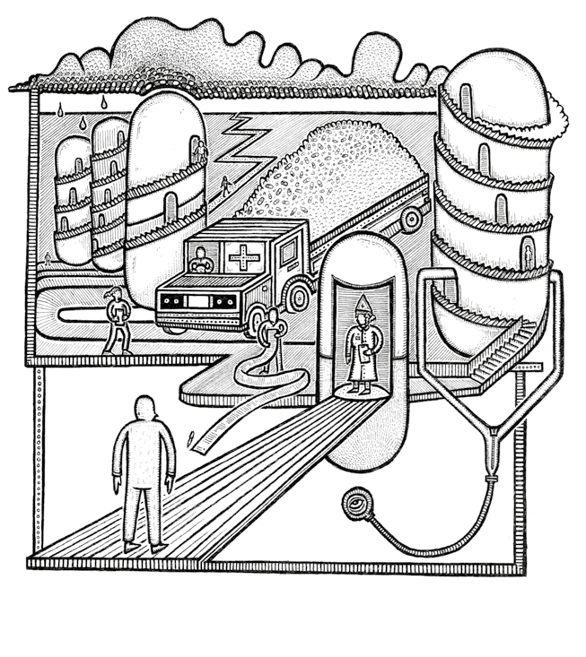 Hand-drawn conceptual illustration showing an intricate system with buildings, an ambulance, people, a pile of material, and a stethoscope, conveying a complex process or framework.