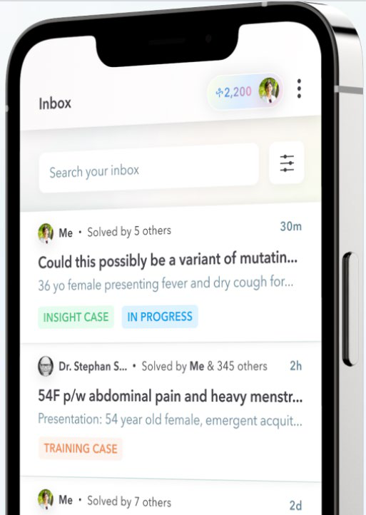 Screenshot of a smartphone email inbox app displaying medical case messages and progress statuses.
