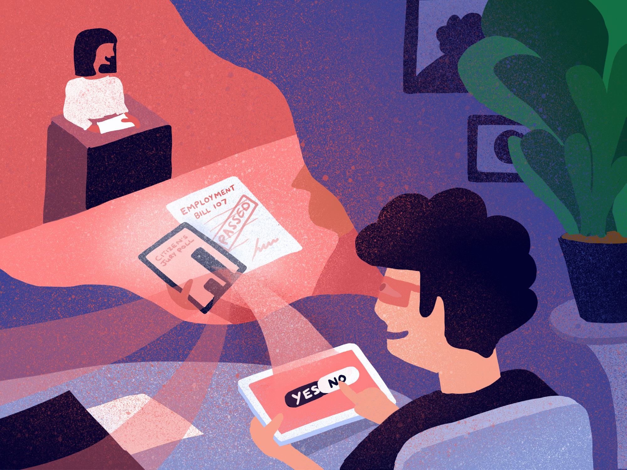 An illustration of a person engaging with a tablet to vote "YES NO" on issues like "EMPLOYMENT BILL 107" and "CITIZEN JURY POLL".